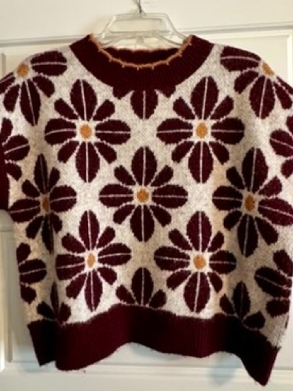 Entro Floral Sweater Top Short Sleeve Crew Neck Loose Knit Pullover Sz L